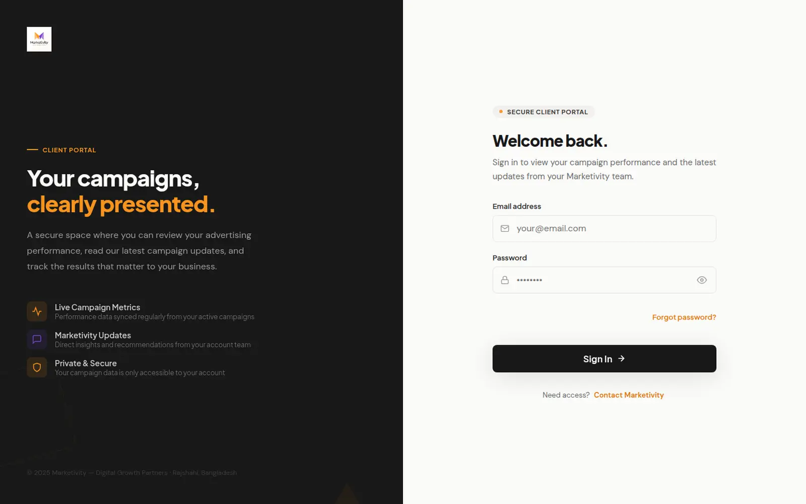 Marketivity Client Portal sign-in screen