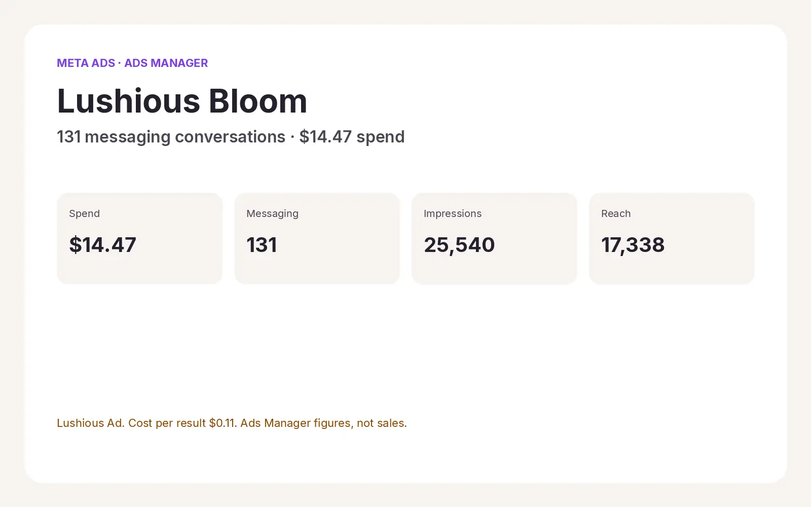 Lushious Bloom results from Meta Ads Manager