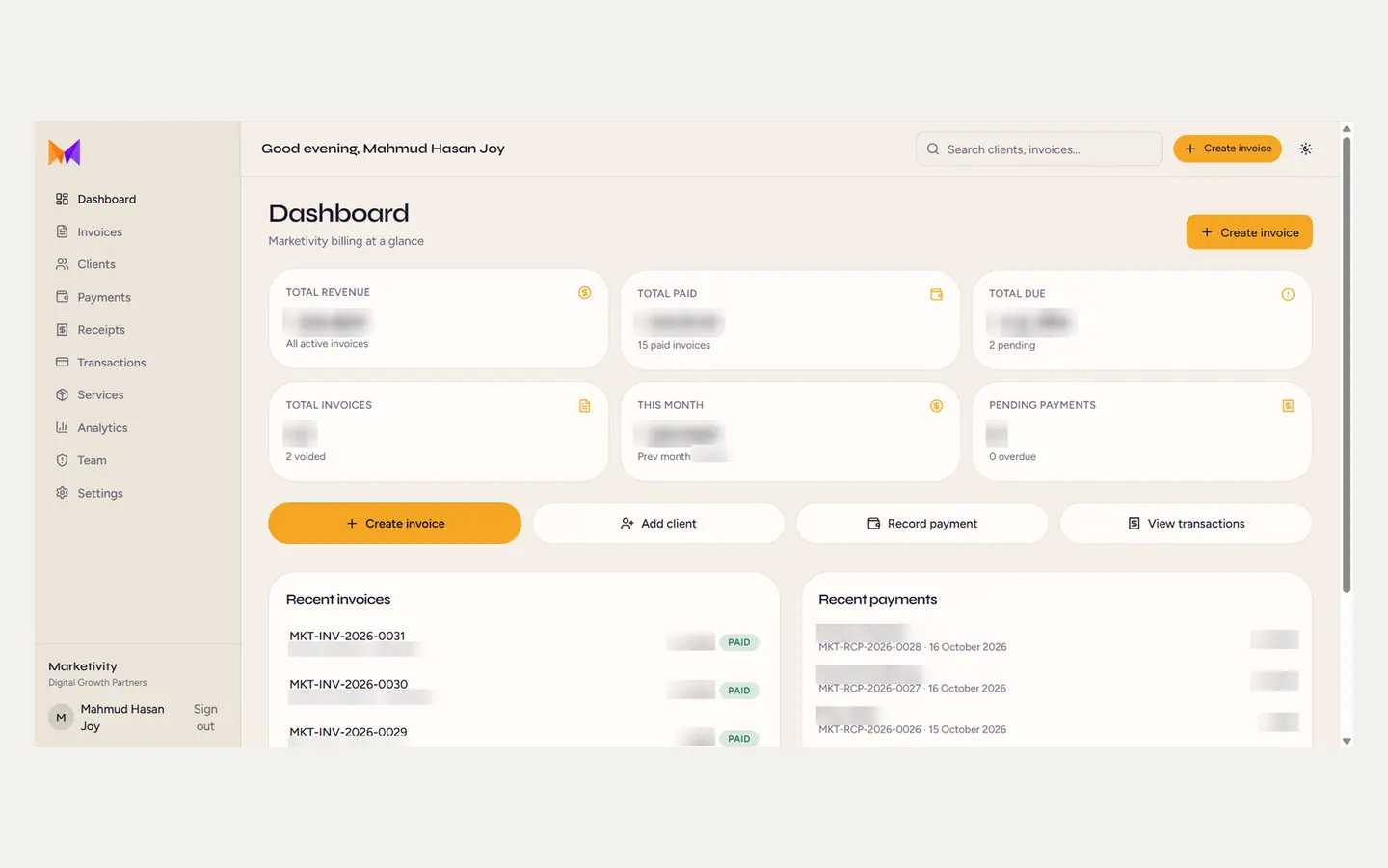 Marketivity Billing dashboard